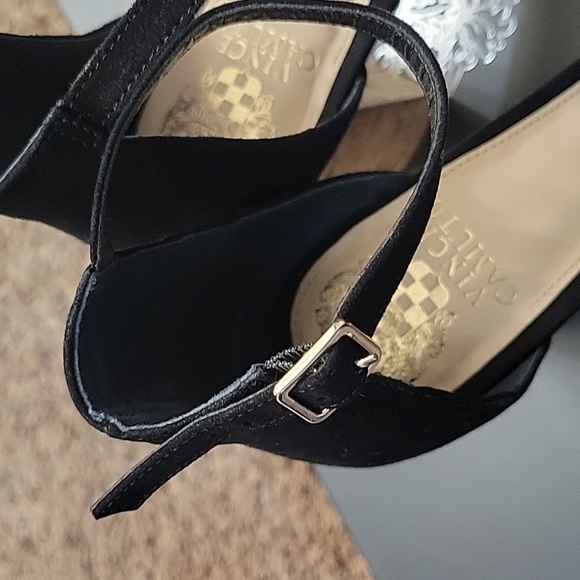 Vince Camuto Black Suede Ciestie Cork Platform Ankle Strap Peep-Toe Sand… - Picture 8 of 15